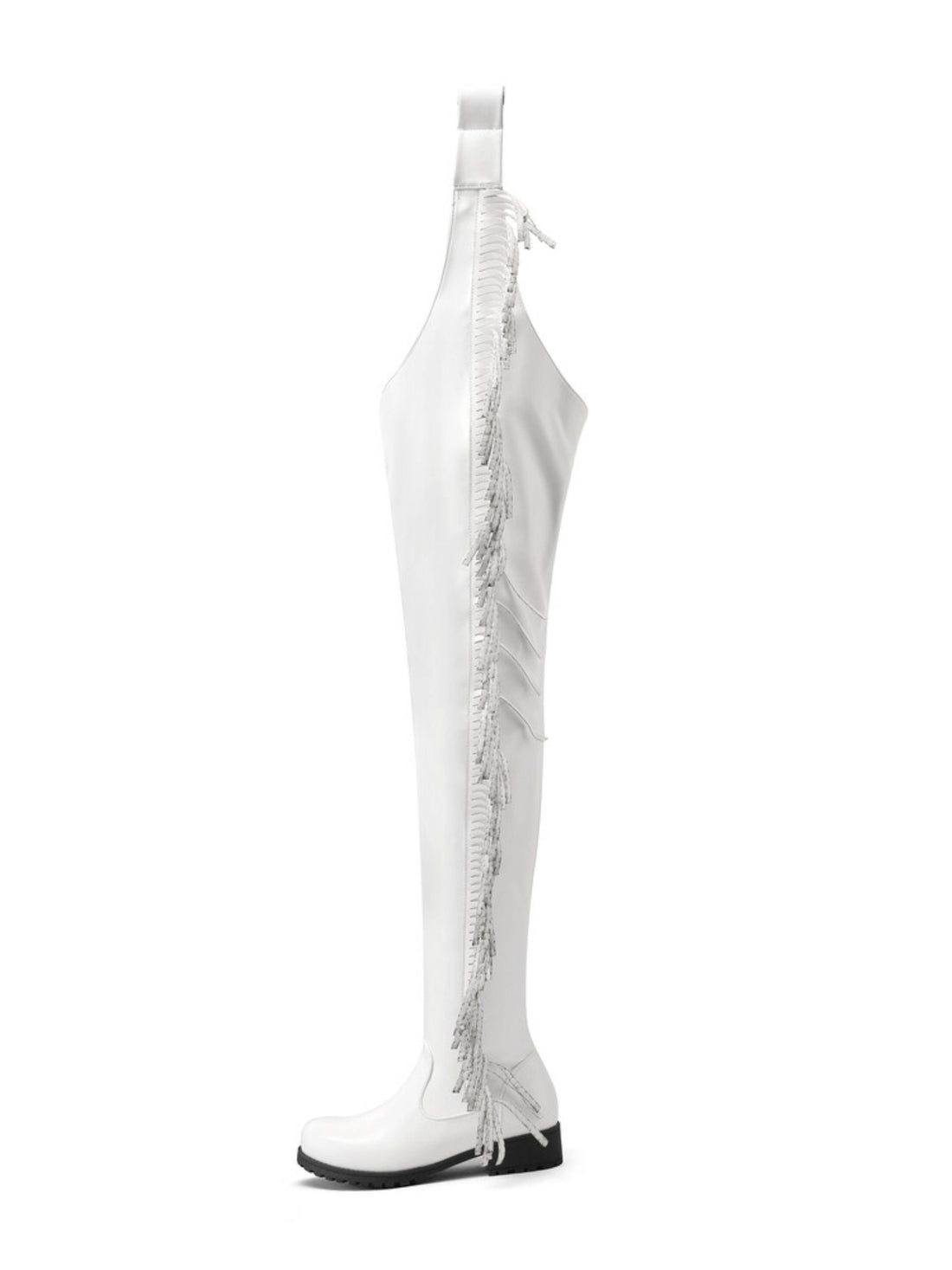 White Fringe Thigh-High Belted Western Festival Chap Boots