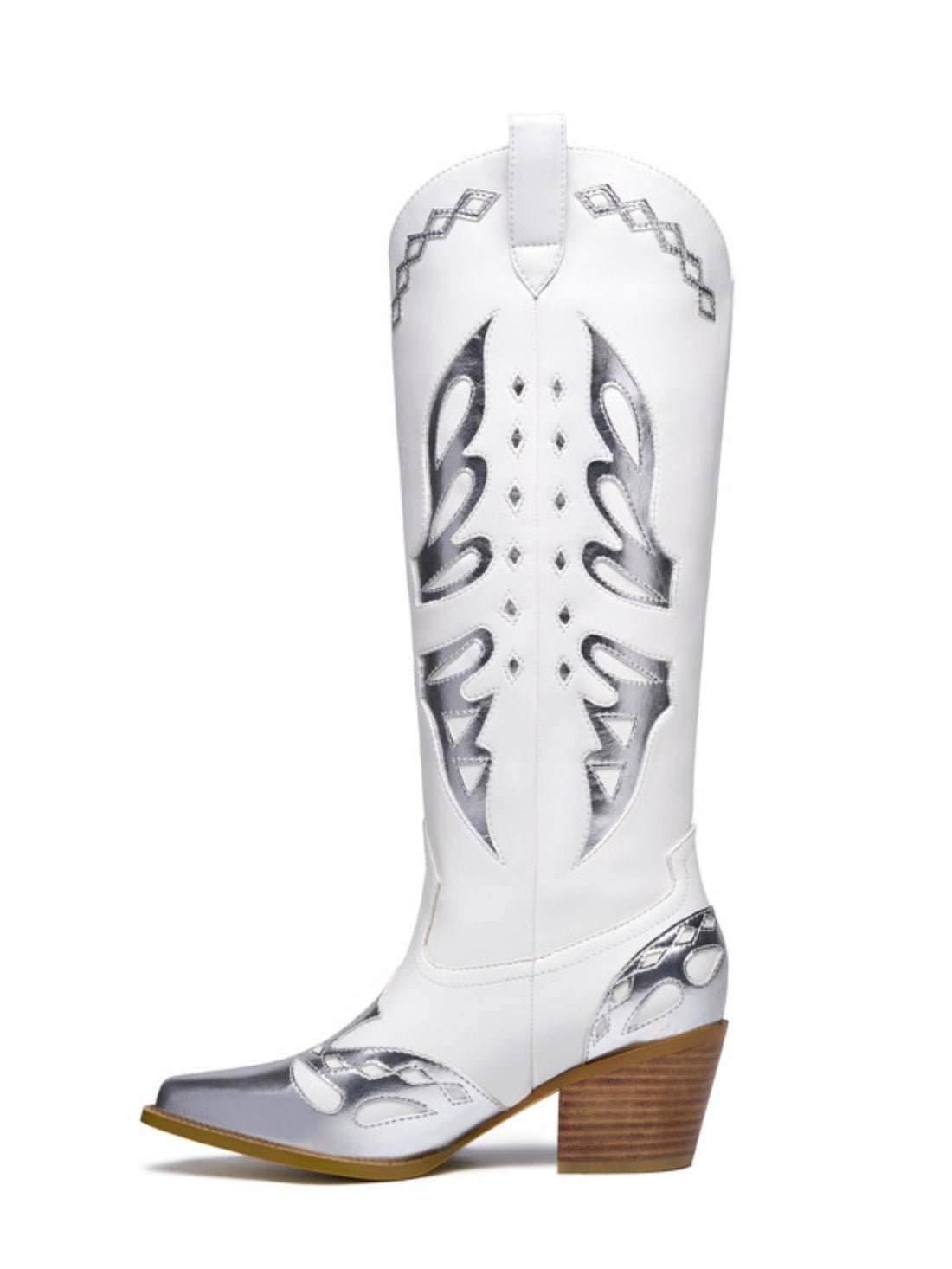 White & Silver Flame Inlay Tall Cowgirl Boots Bachelorette Party Shoes