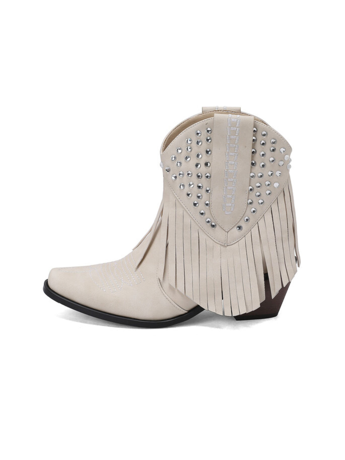 White Studded & Fringe Ankle Cowgirl Boots for Women