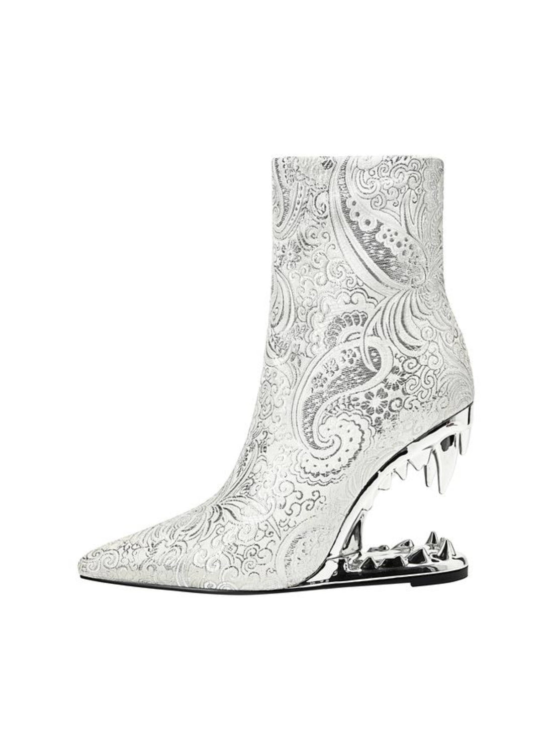 White and Silver Floral Tiger Teeth Heel Pointed Toe Short Boots