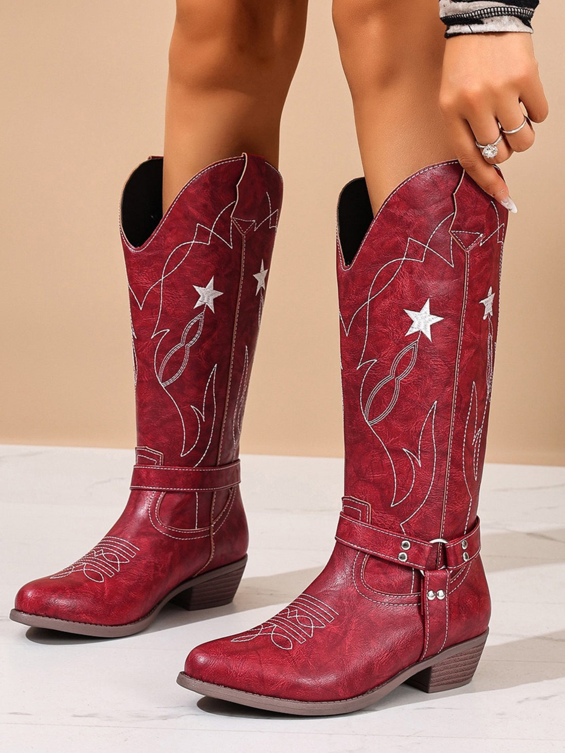 Wide Calf Studded Strappy Star Inlay Red Cowgirl Boots