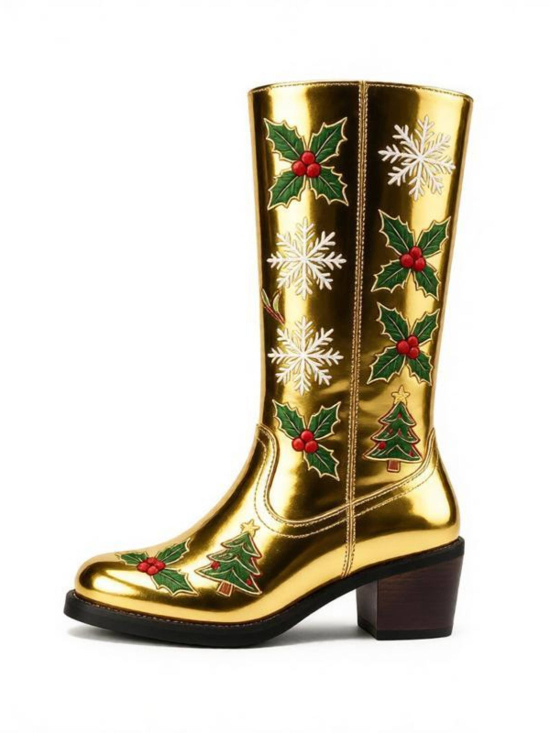 Shiny Gold Tree & Snowflake Mid-Calf Christmas Cowboy Boots