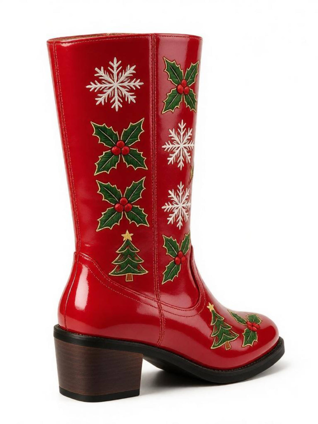 Festive Christmas Embroidered Snowflake & Holly Red Cowboy Boots