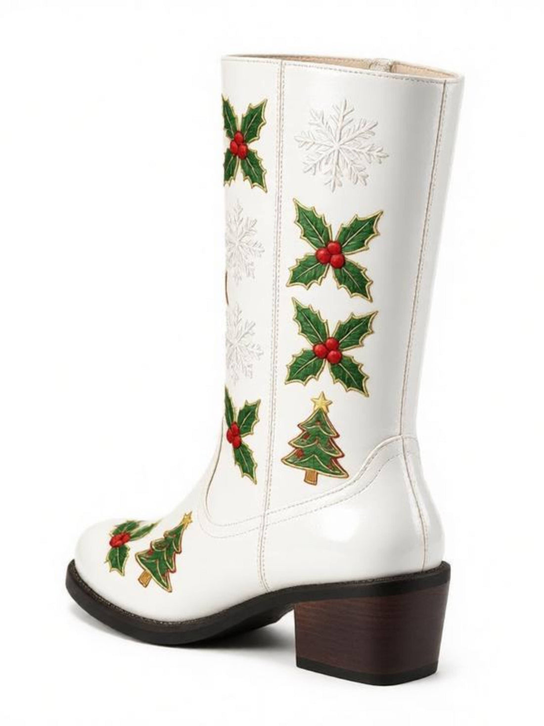 Women's Festive Holly & Snowflake Christmas White Western Boots