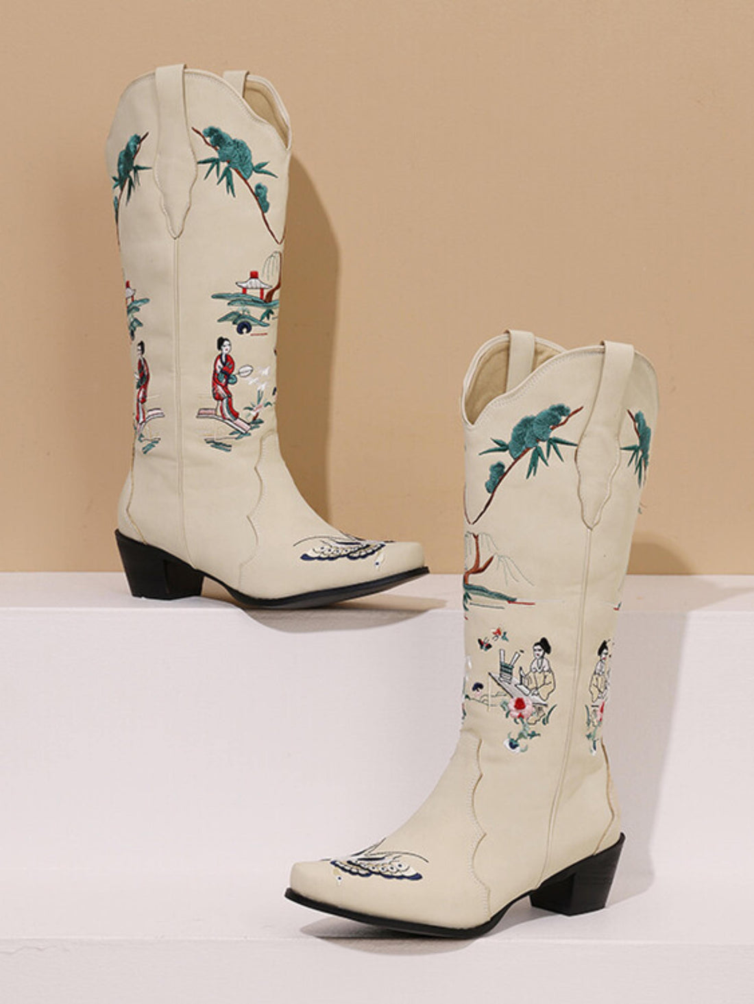 Knee-High Woman & Butterfly Scenery Inlay Beige Cowgirl Boots
