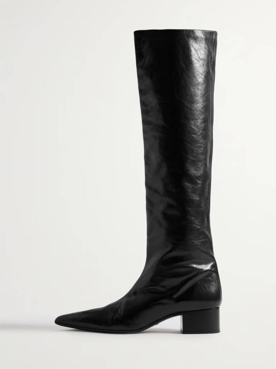 Women's Black Glossy Leather Knee-High Boots Pointed Toe