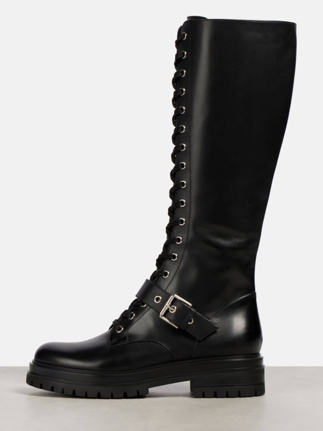Women’s Black Leather Knee-High Lace-Up Buckled Combat Boots