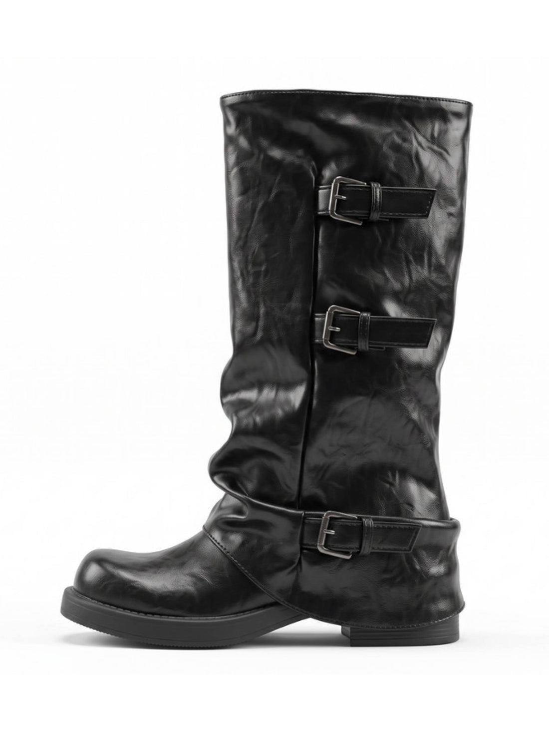 Women's Black Western Style Buckled Slouchy Biker Boots