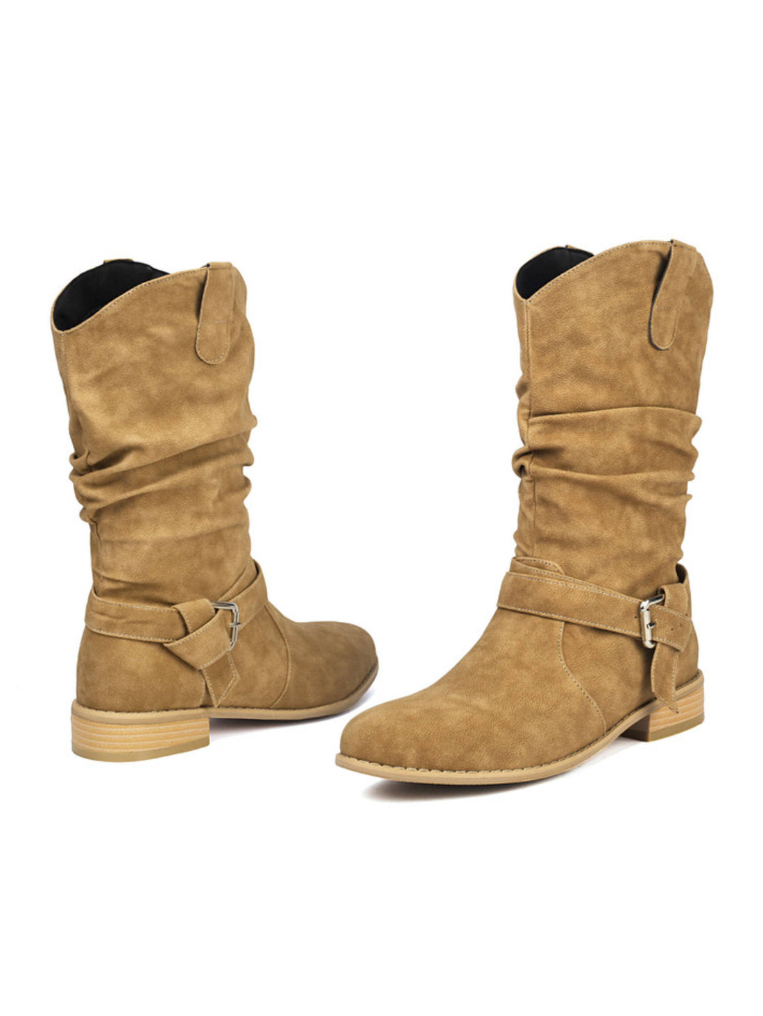 Women's Camel Brown Cowgirl Flat Slouch Boots Mid-Calf