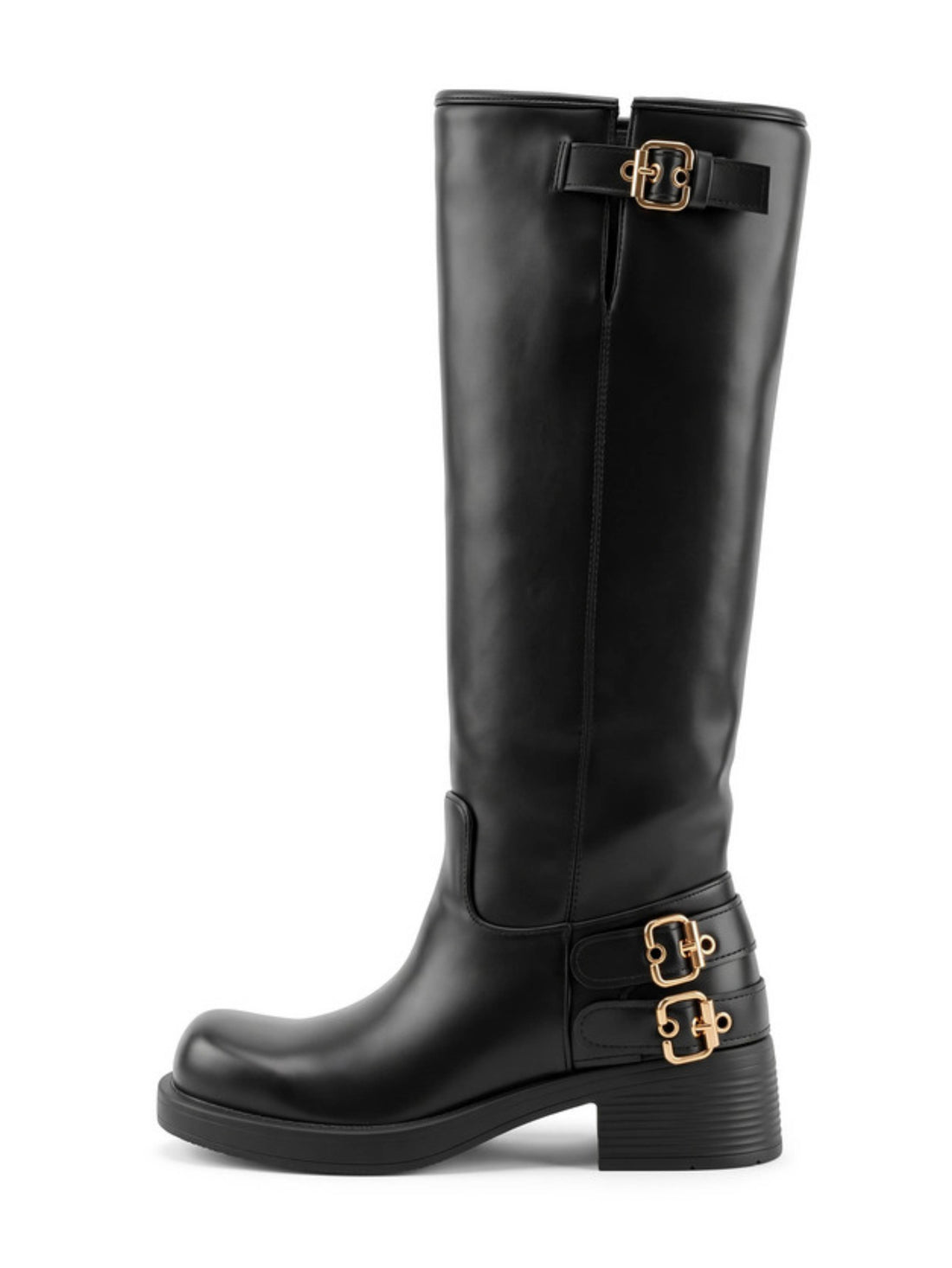 Women’s Elegant Black Chunky Buckled Tall Riding Boots