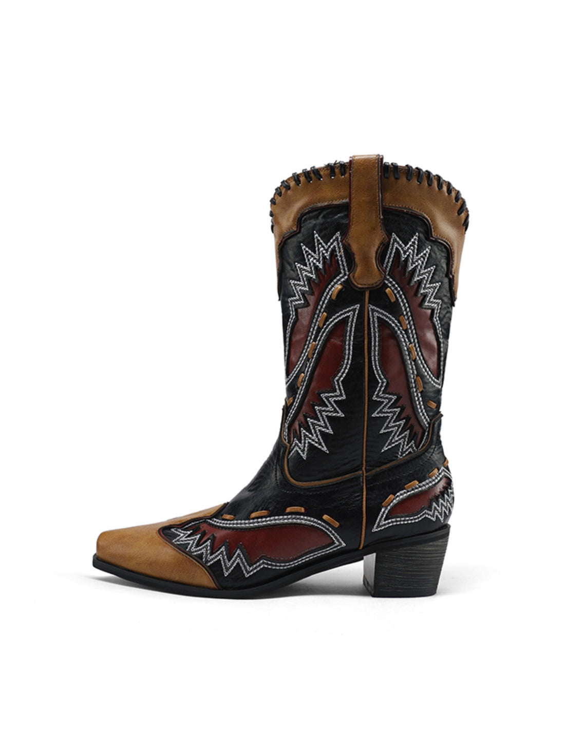 Women's Embroidered Patchwork Black Western Boots Mid Calf
