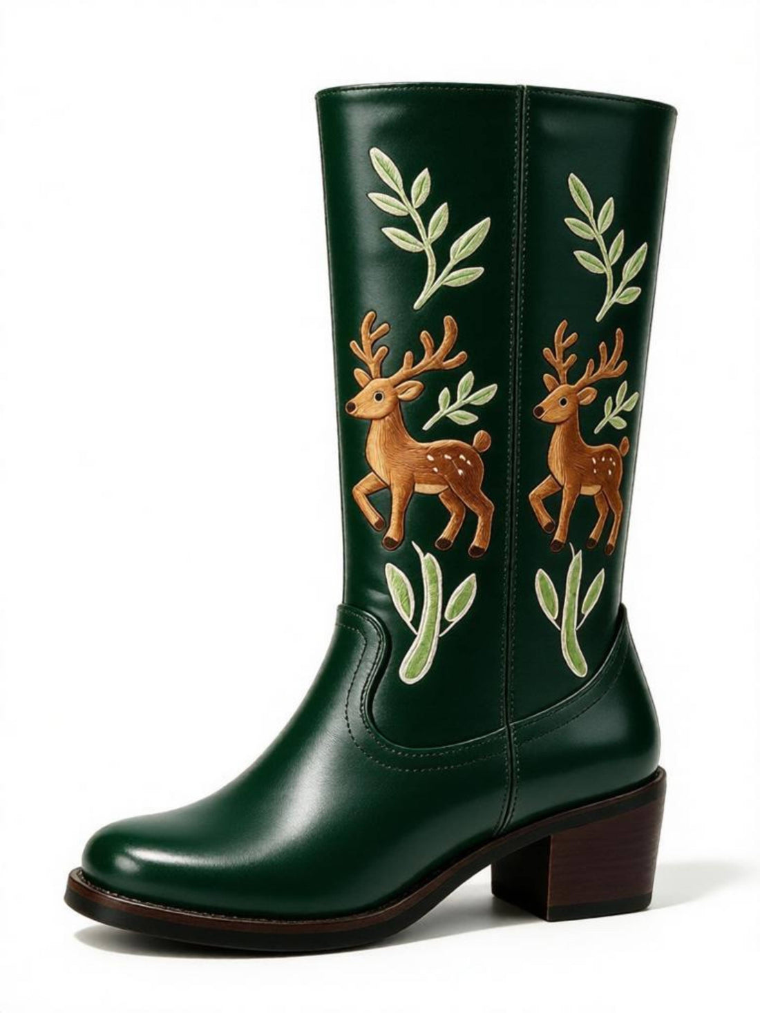 Women’s Forest Green Christmas Deer Western Boots Mid Calf