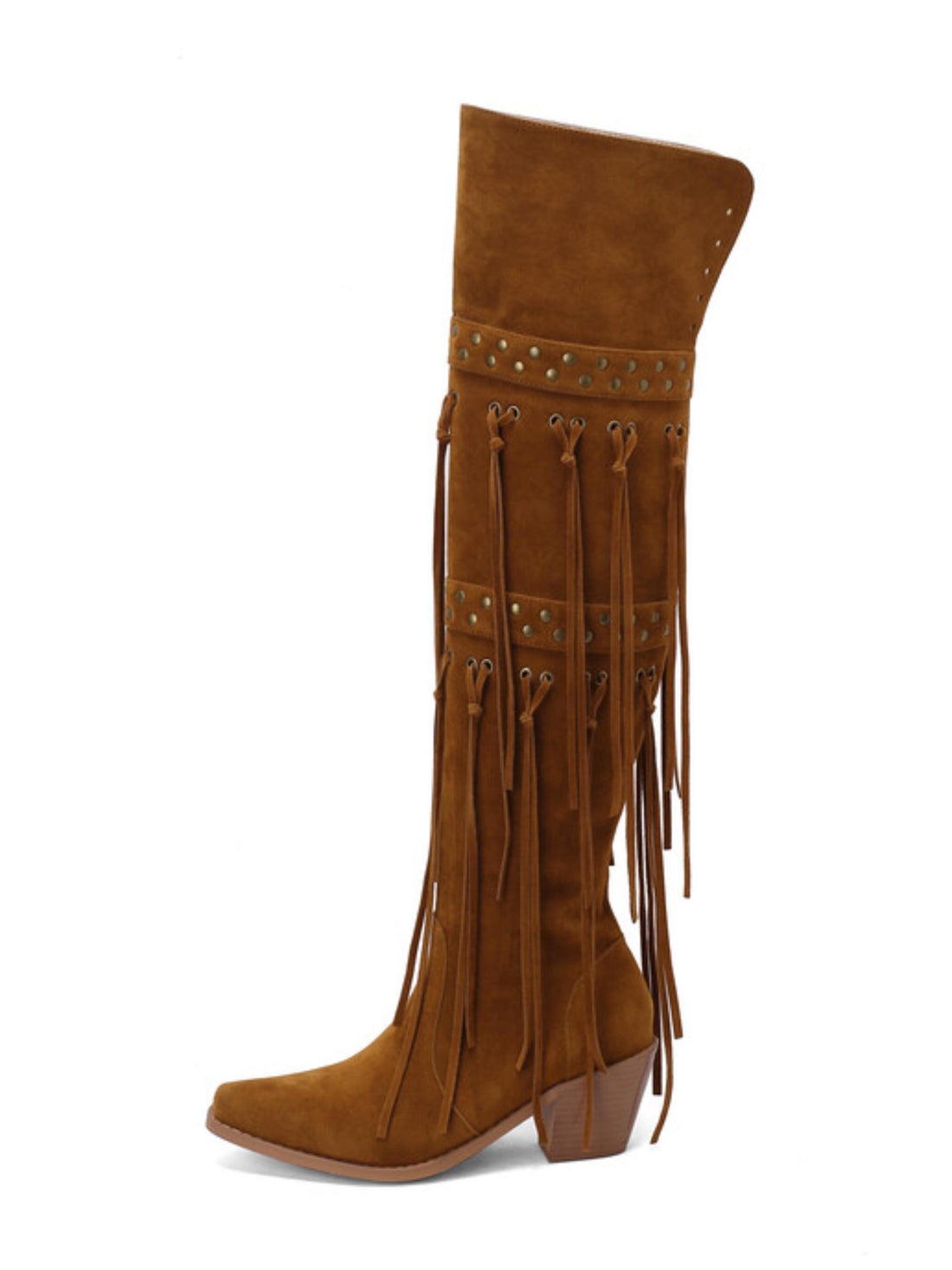 Women's Studded Thigh High Brown Cowboy Boots with Fringe