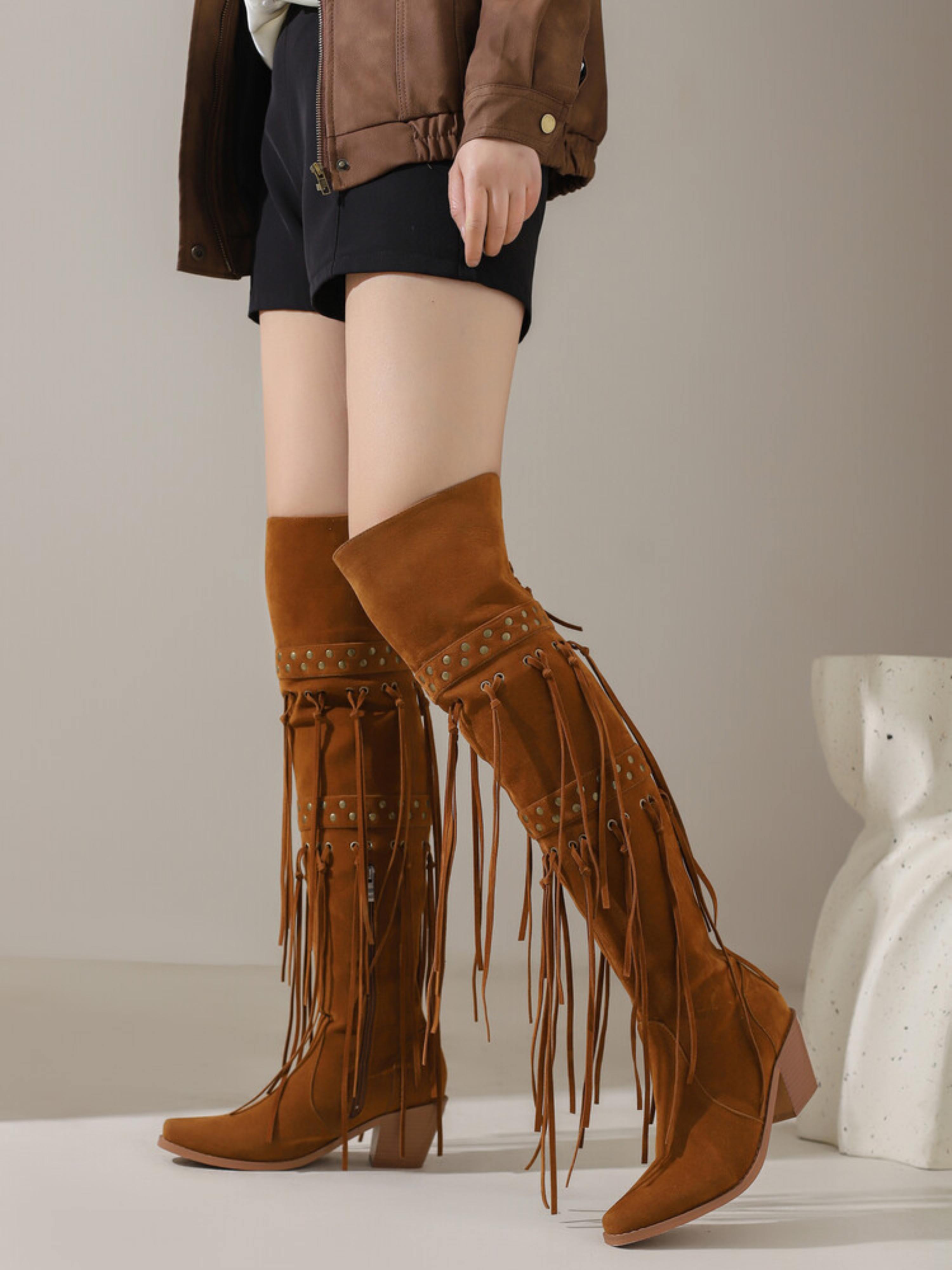 Women's Studded Thigh High Brown Cowboy Boots with Fringe – Wild Jolie