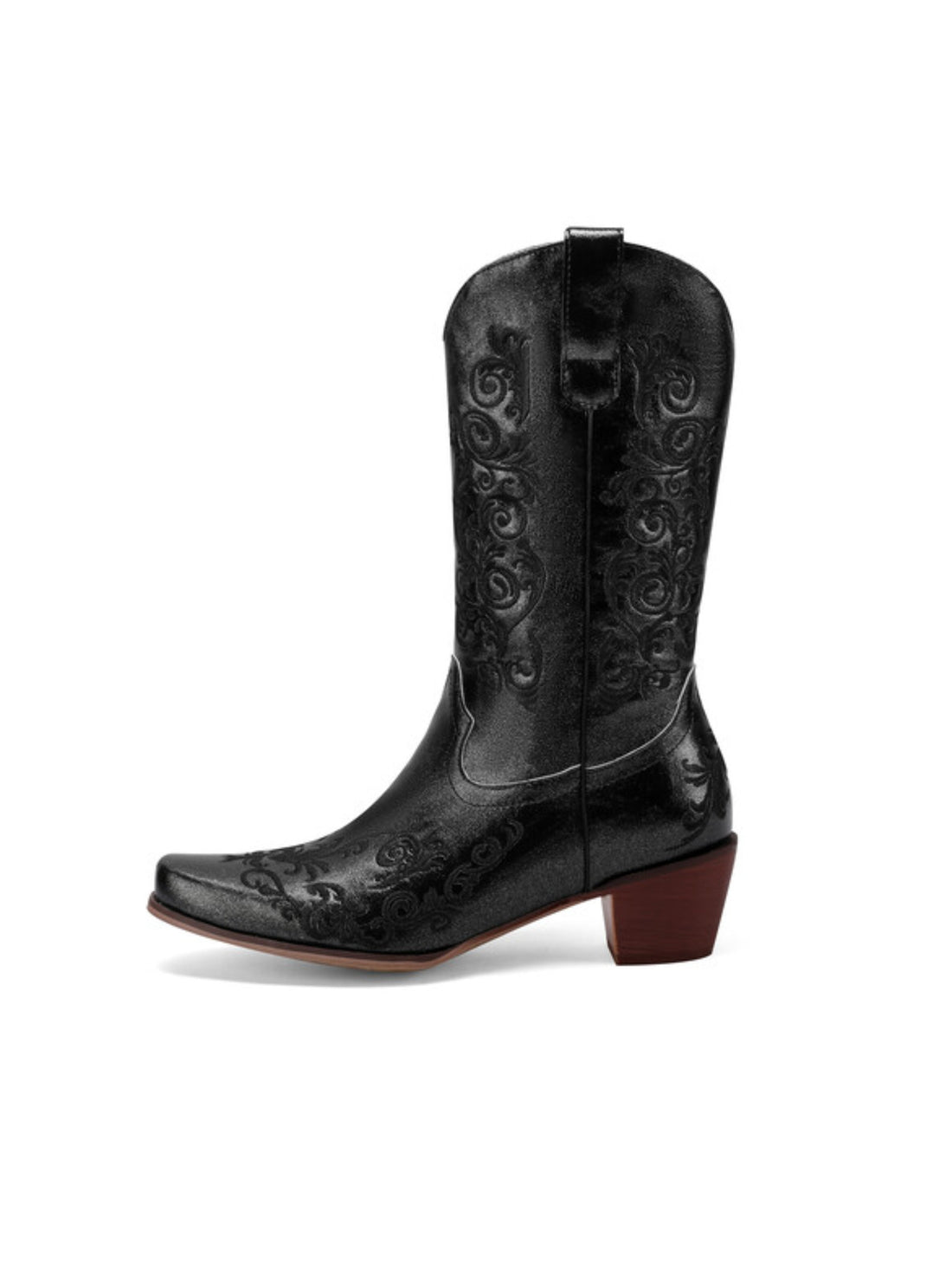 Women's Floral Embroidered Black Western Boots Mid Calf