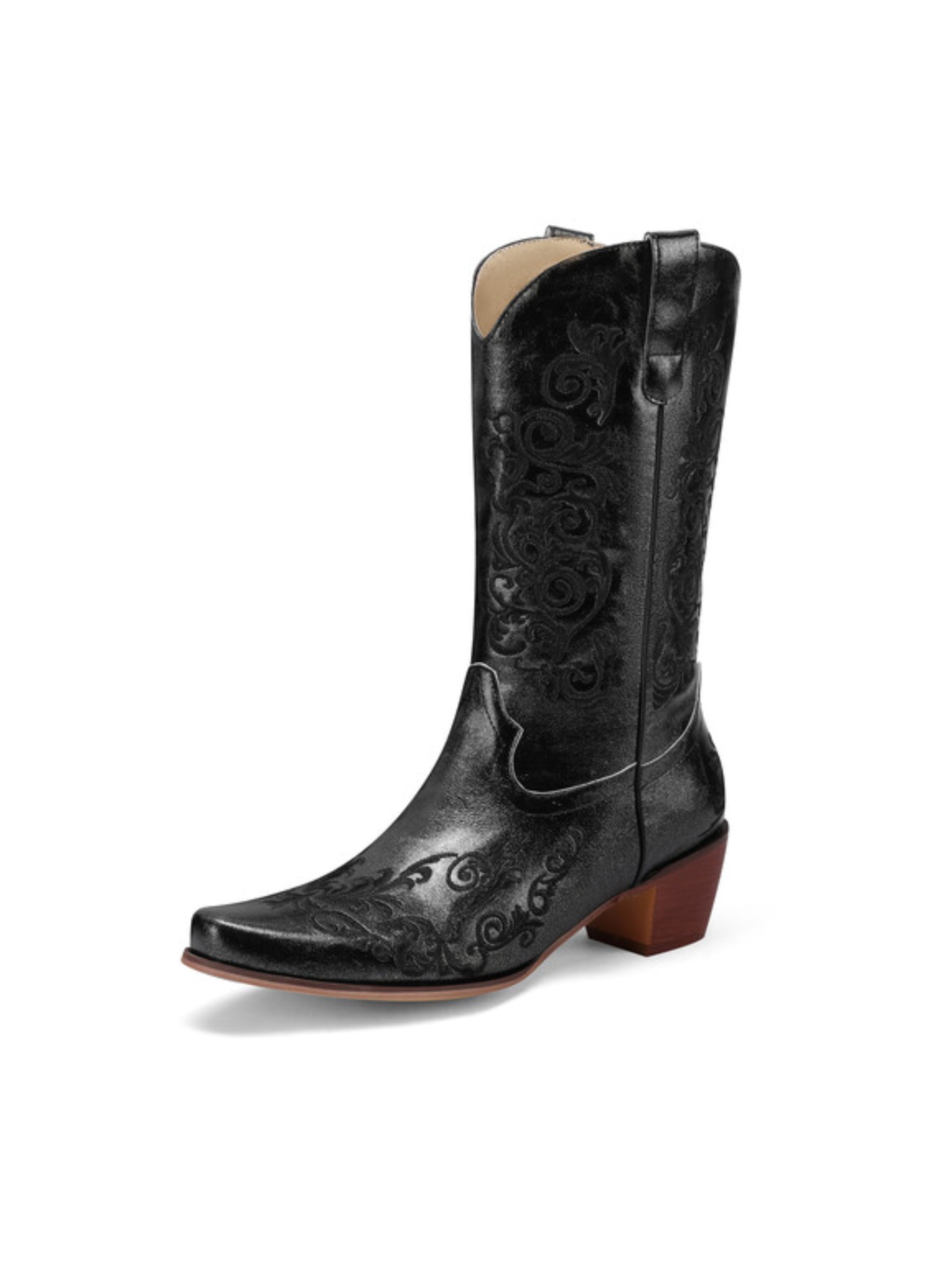 Women's Floral Embroidered Black Western Boots Mid Calf – Wild Jolie