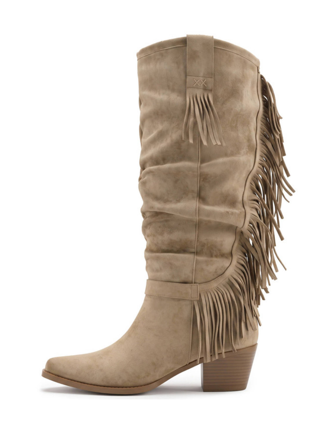 Women's Tall Slouchy Beige Western Boots with Tassels