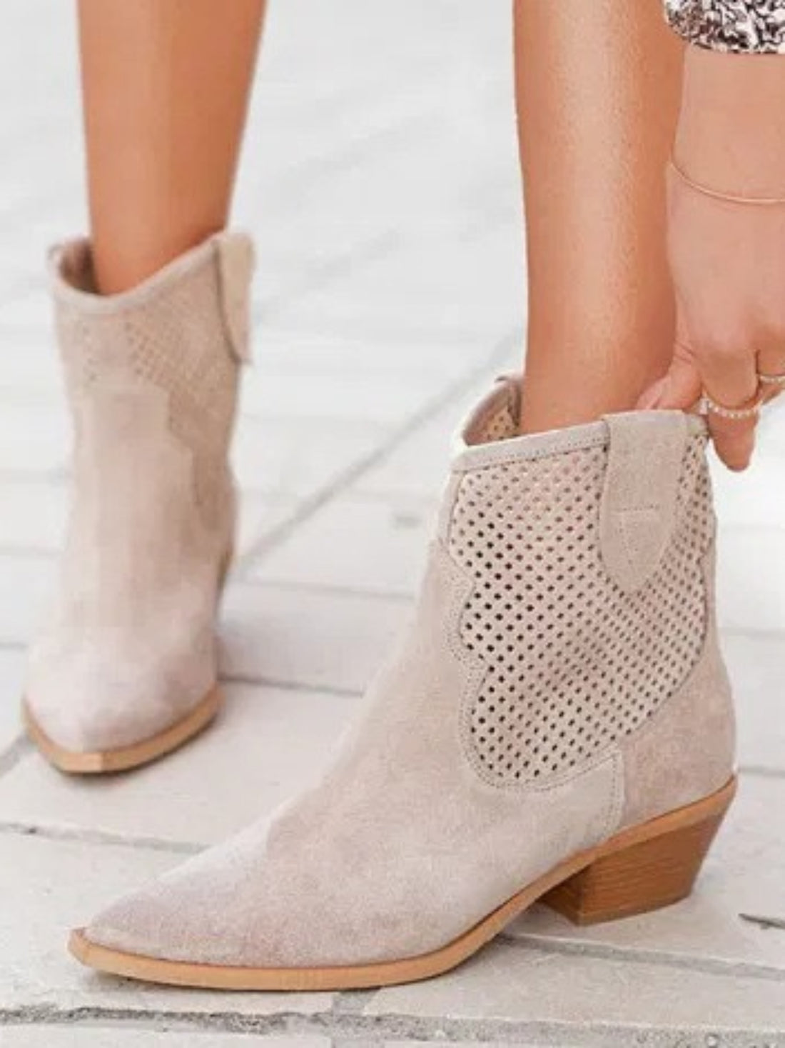 Women's Beige Hollow-Out Cowboy Cowgirl Ankle Boots for Summer