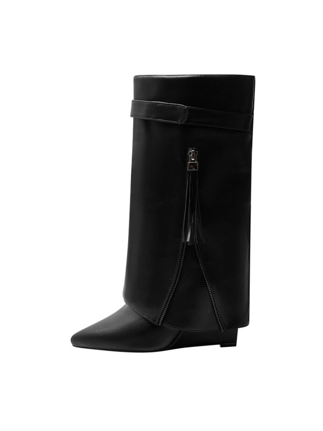 Women‘s Black Fold Over Tall Boots Wedge High Heel with Pointed Toe