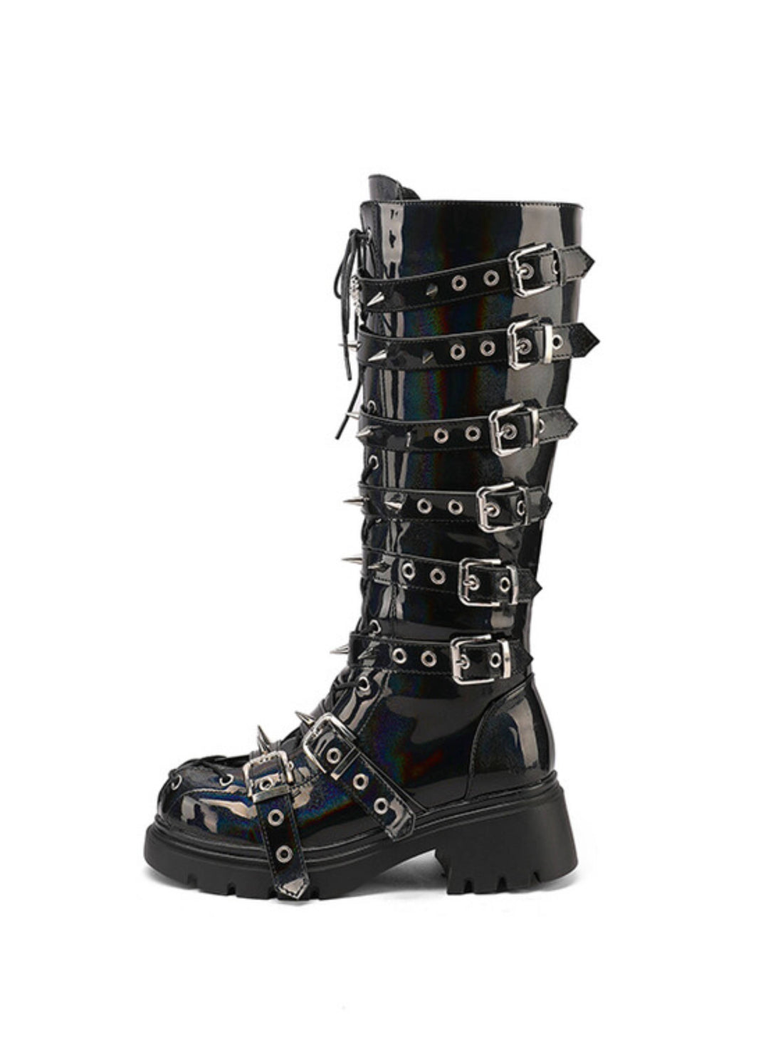 Women's Buckled Lace-Up Rivets Black Tall Gothic Boots