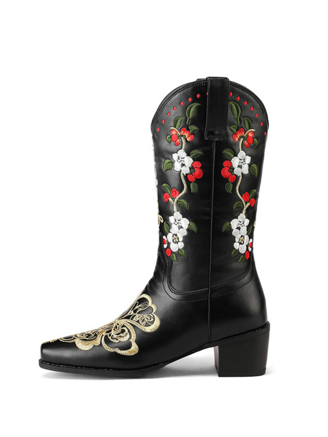 Black Floral Embroidered Snip Toe Mid Calf Western Boots