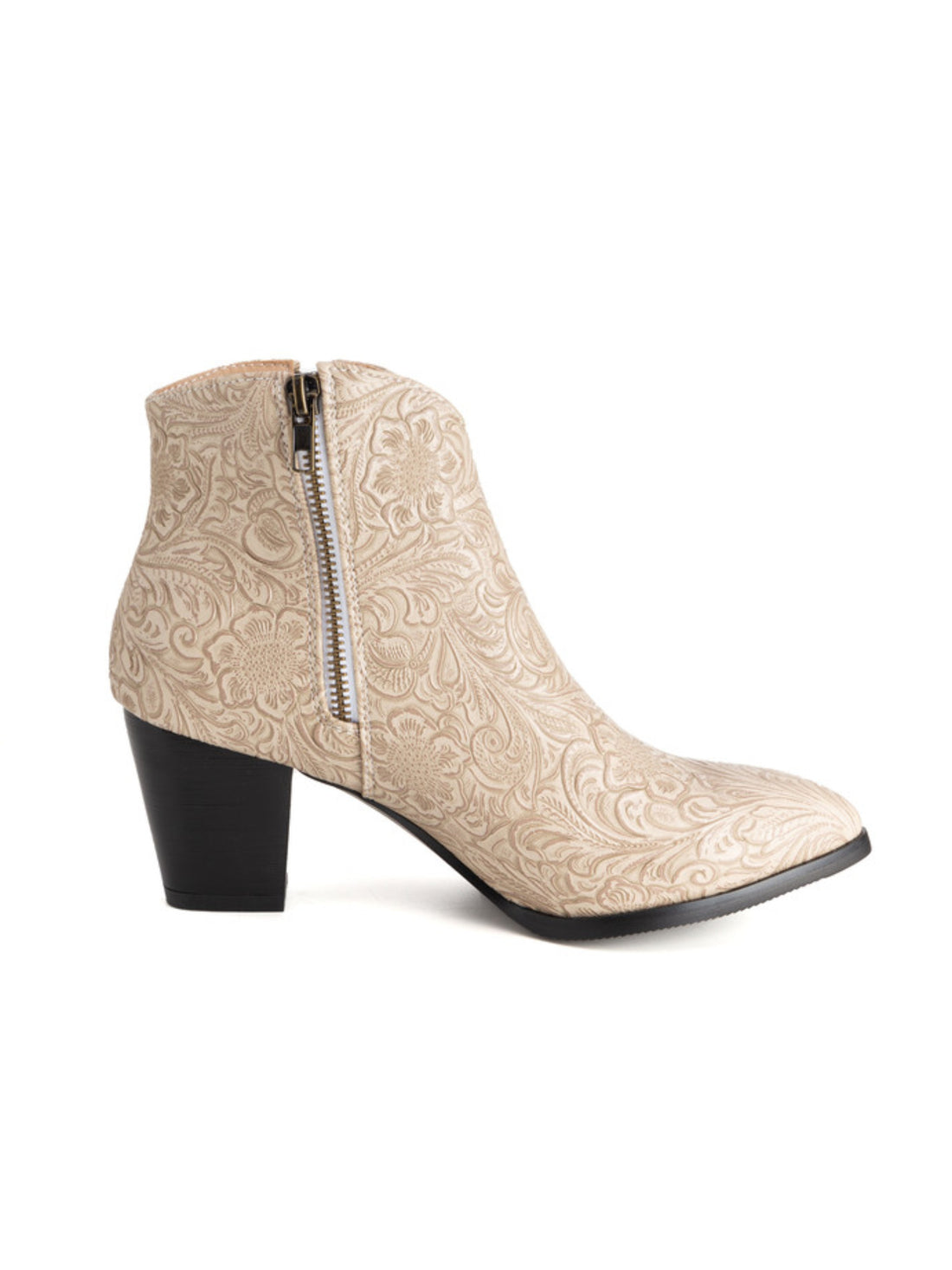 Women's Double Zipper Beige Ankle Cowgirl Boots with Floral Print