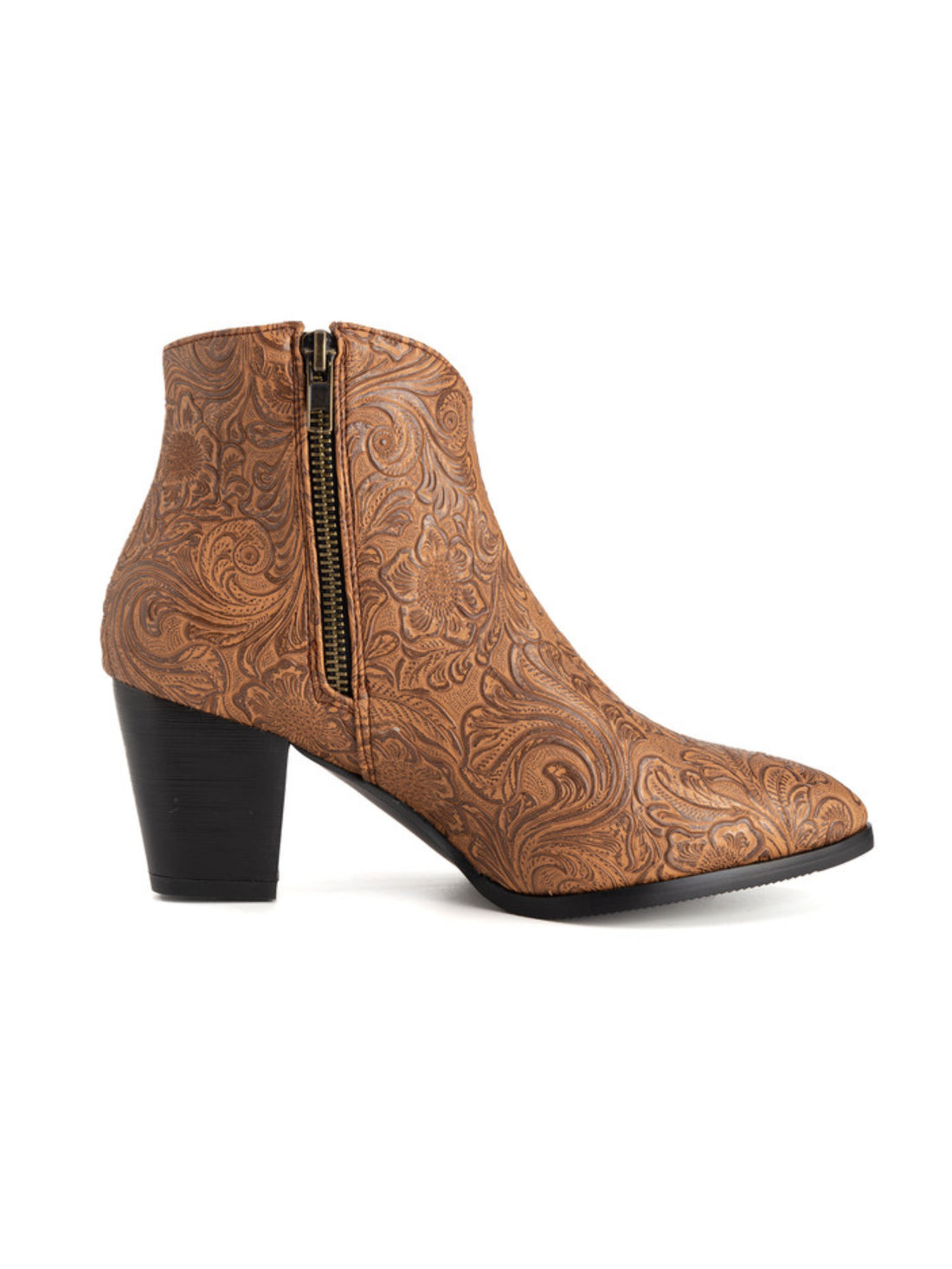 Women's Floral Double Zipper Brown Western Boots