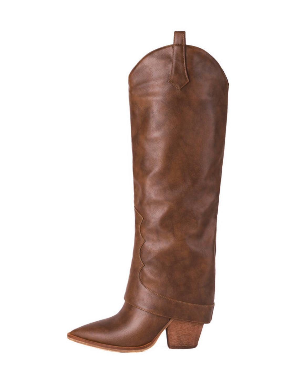Women's Fold Over Knee High Heel Brown Western Boots Pointed Toe