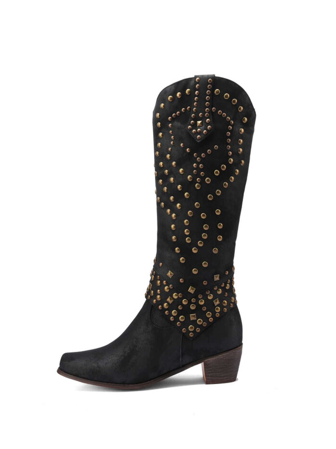 Women's Knee High Snip Toe Studded Black Western Boots
