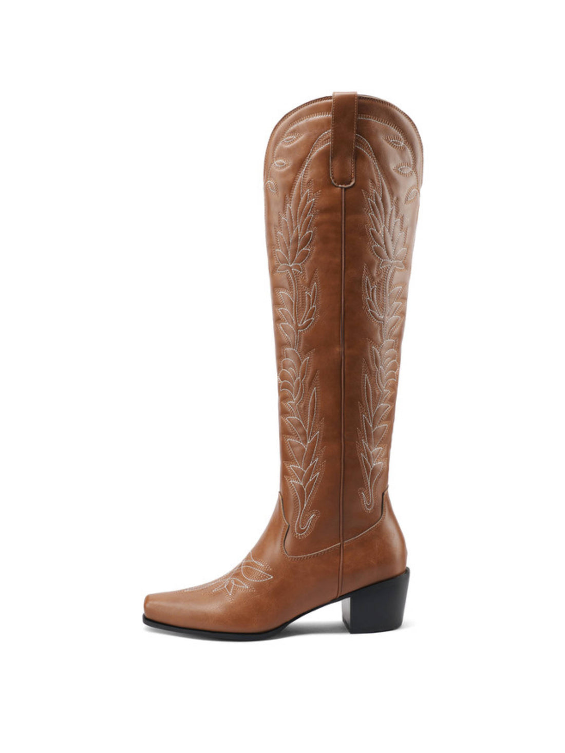 Women's Knee High Vine Embroidered Brown Snip Toe Western Boots