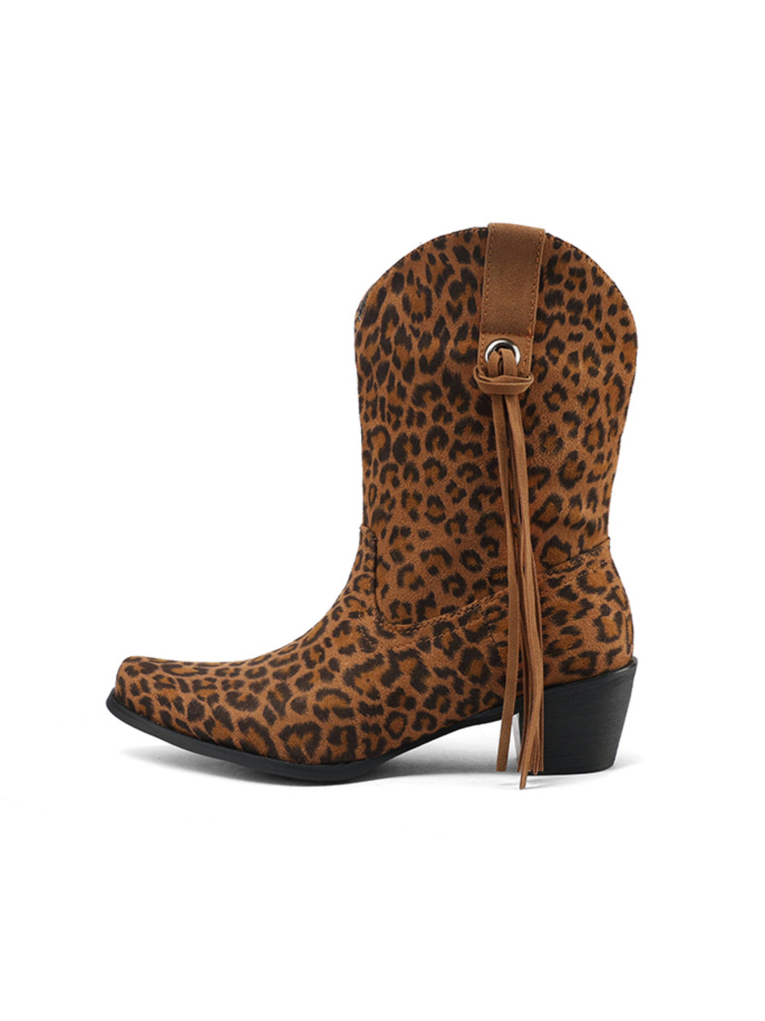 Women's Leopard Snip Toe Fringe Ankle Brown Western Boots