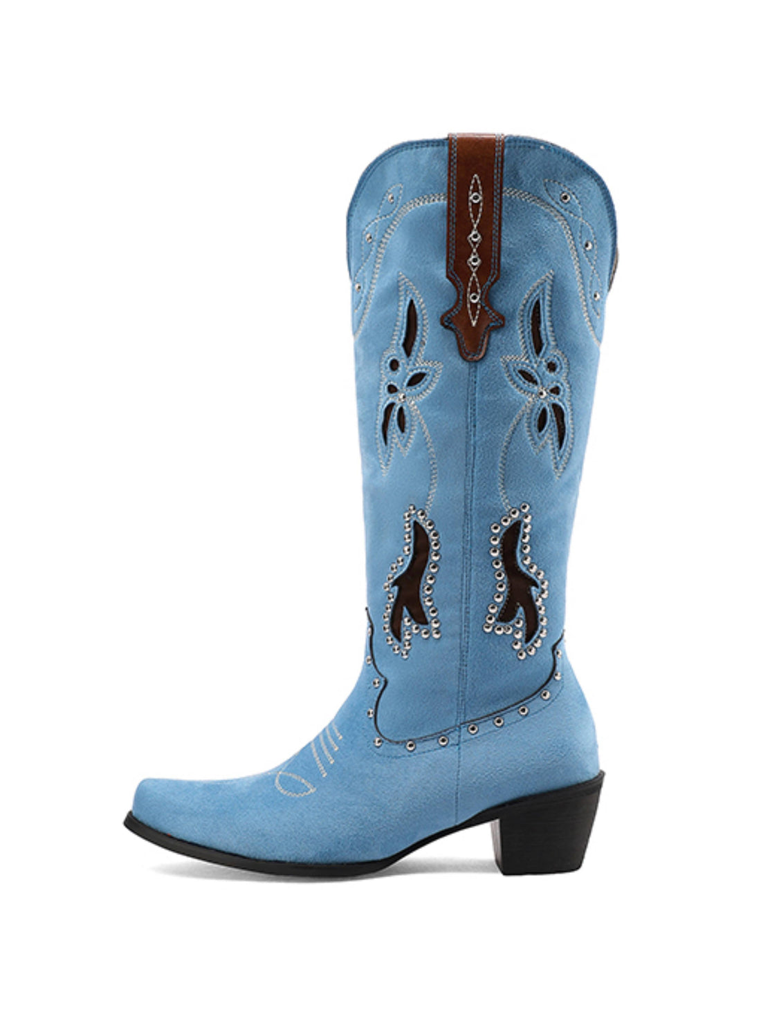 Women's Light Blue Vegan Suede Floral Knee-High Cowgirl Boots