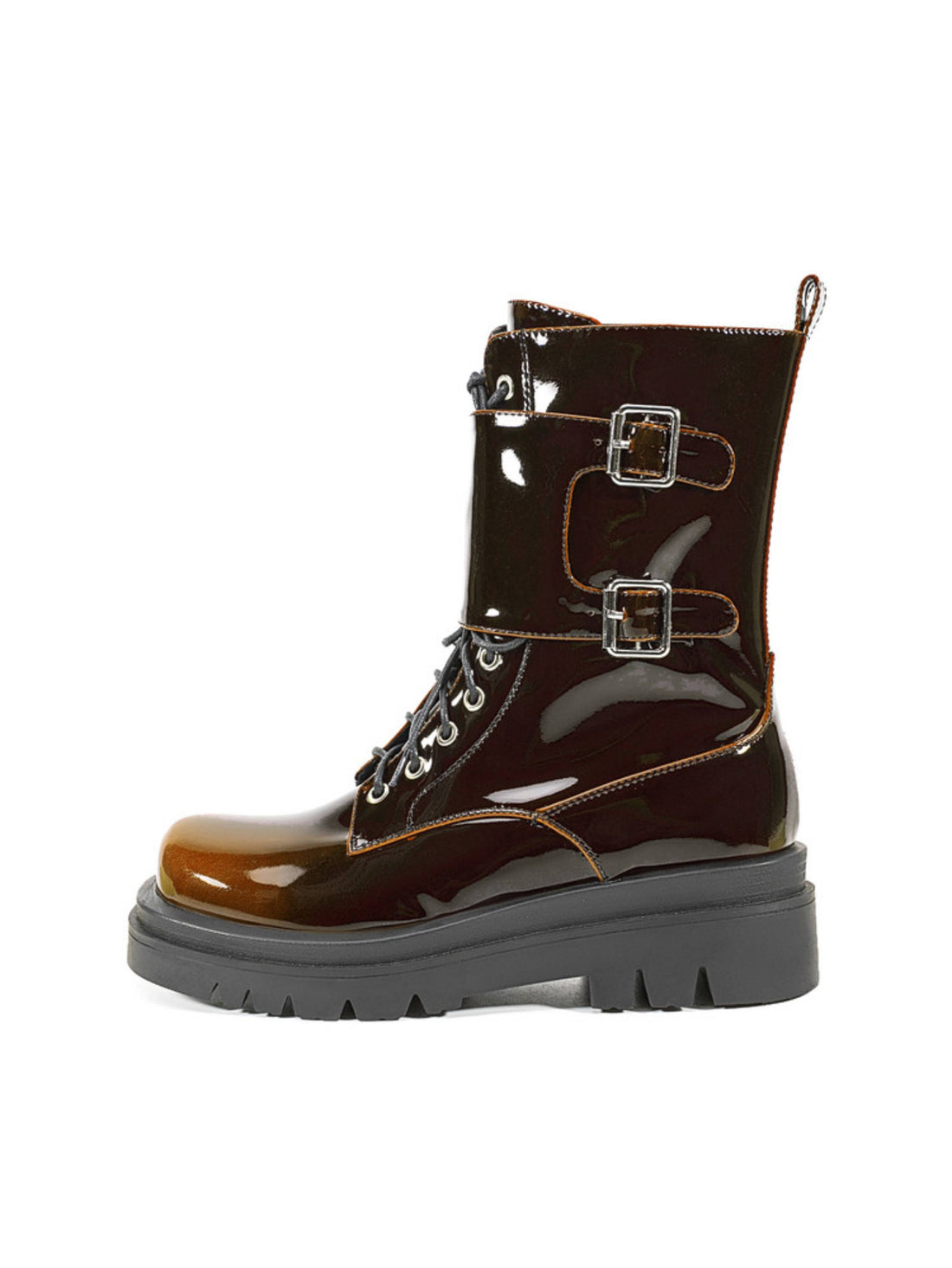 Women's Ombre Brown Buckled Lace-Up Combat Boots with Zipper