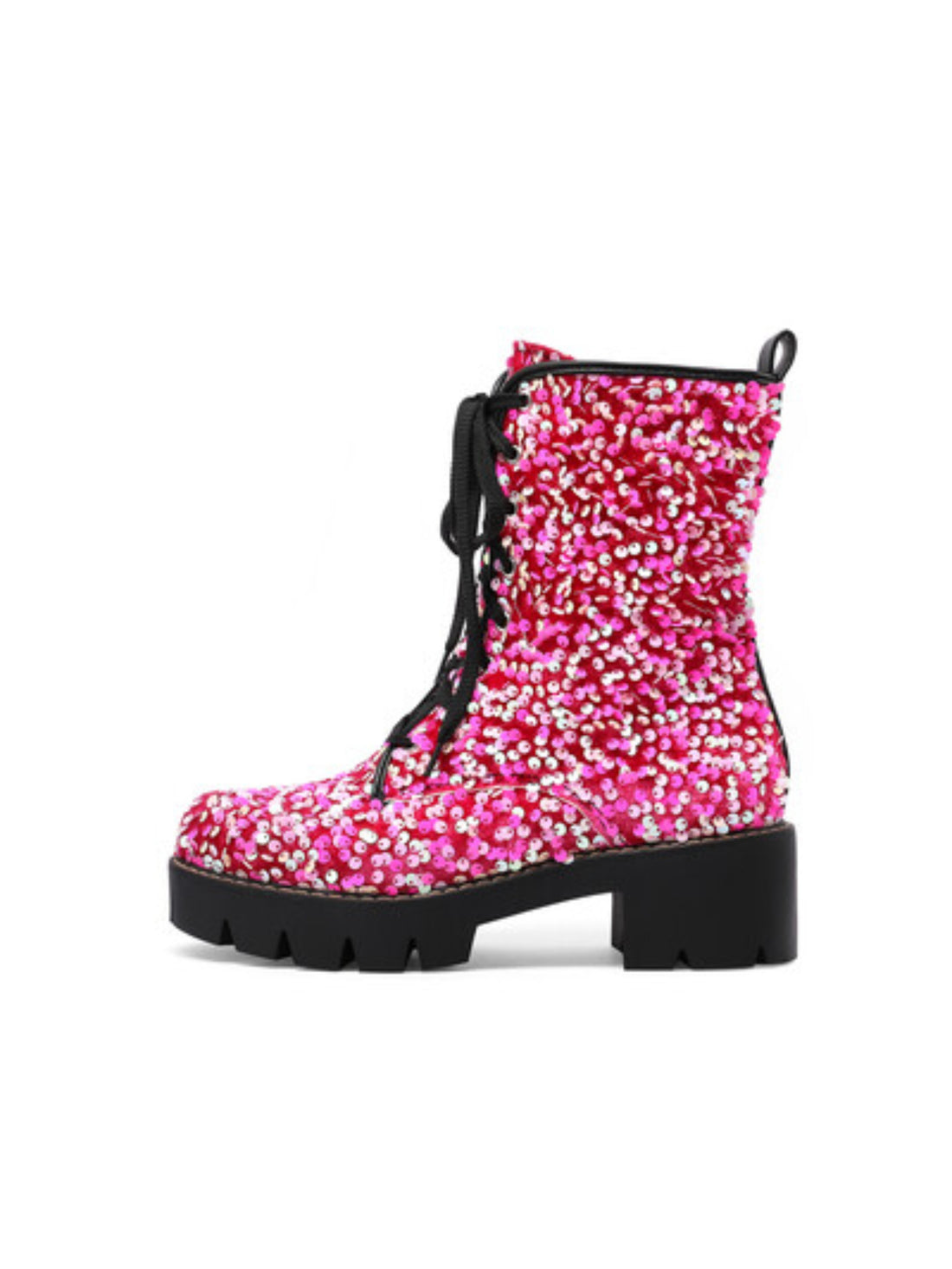 Women's Pink Sparkly Sequin Lace-Up Ankle Boots