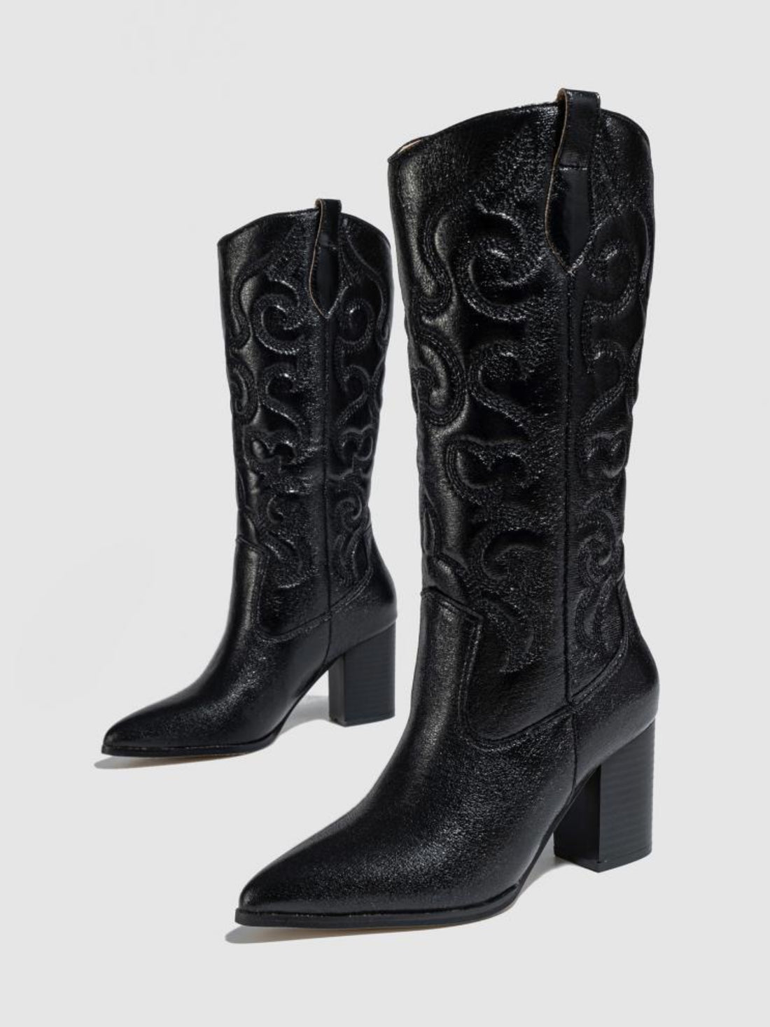 Women's Pointed Toe High Heels Embroidered Black Western Boots