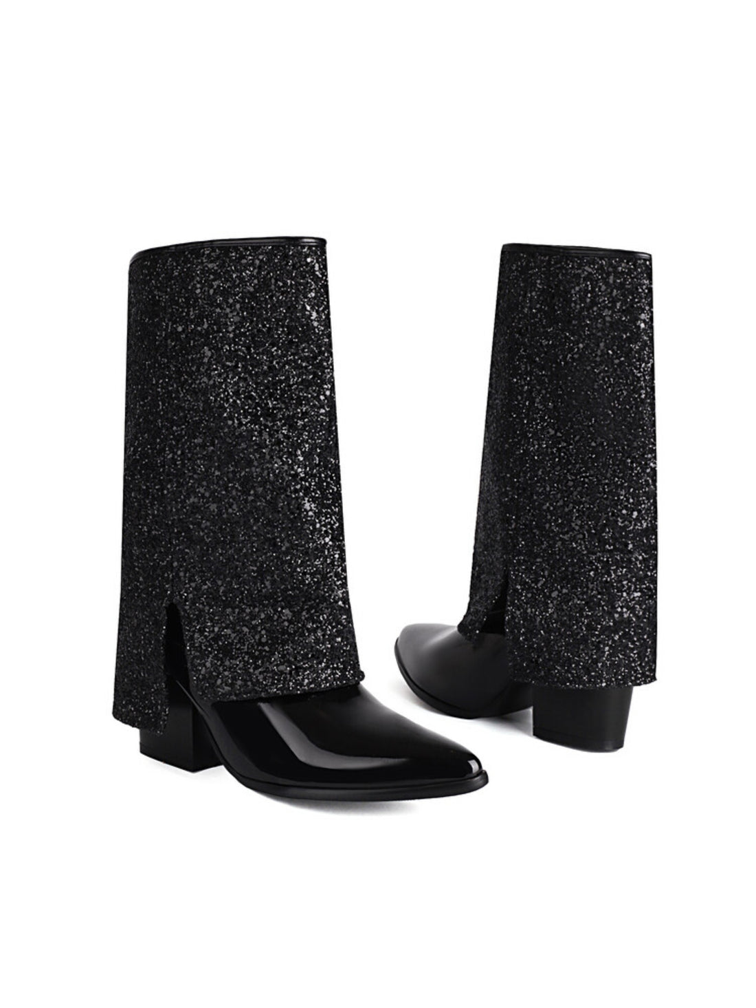 Women's Sequin Fold Over Mid Calf High Heel Black Western Boots