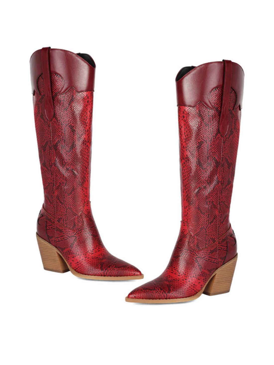 Women's Snakeskin Print Knee High Heel Red Western Boots