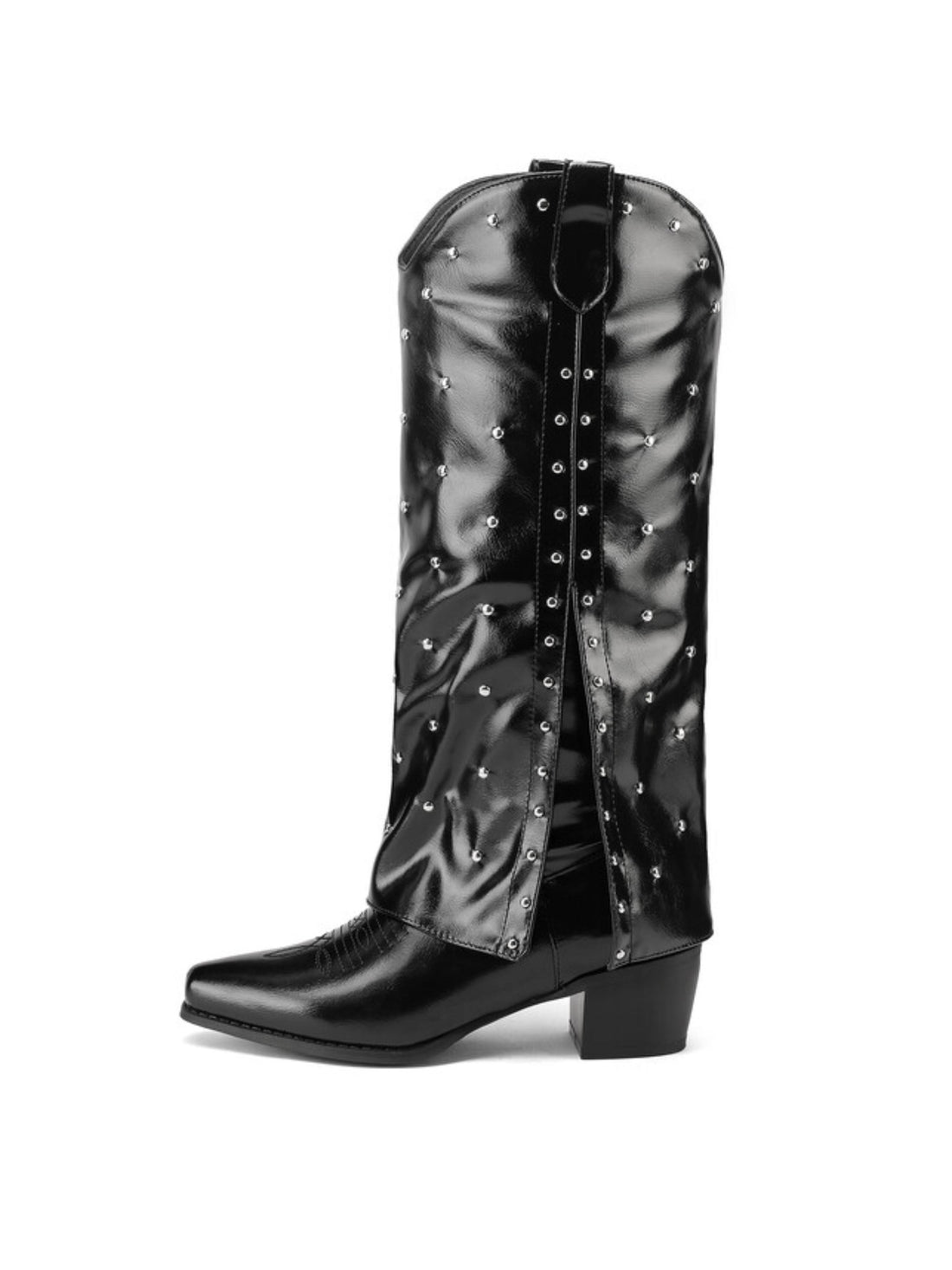 Women's Studded Fold-Over Knee High Wide Calf Black Cowboy Boots
