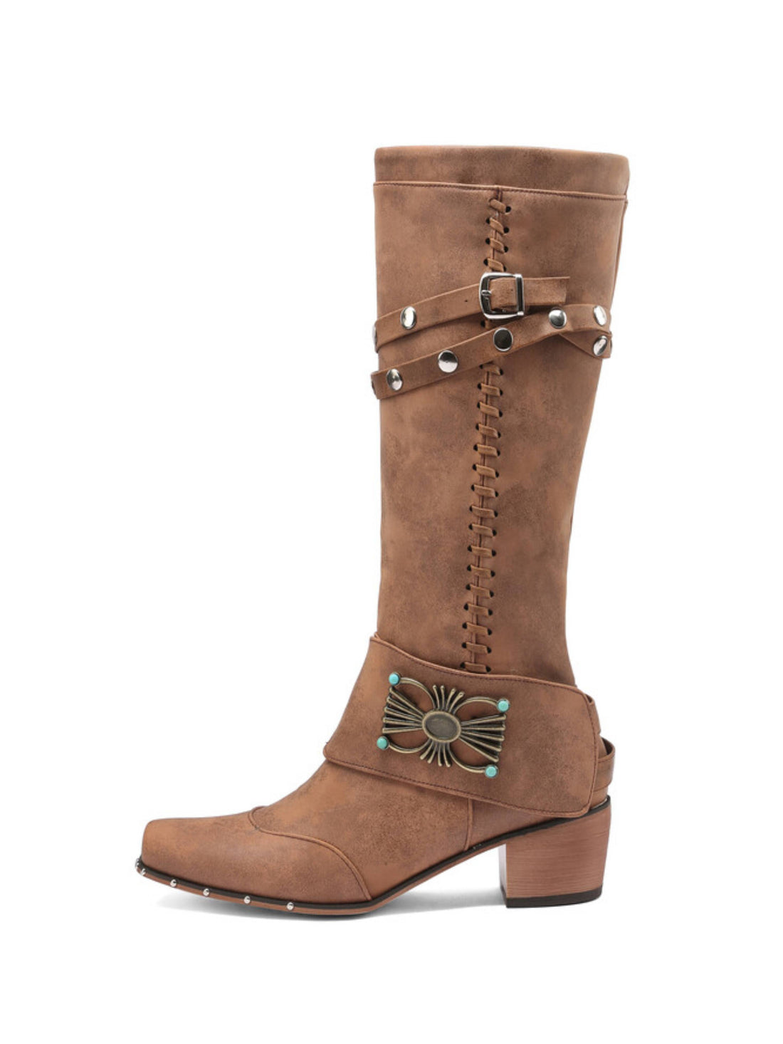 Women's Tan Knee High Cowboy Boots with Turquoise Concho