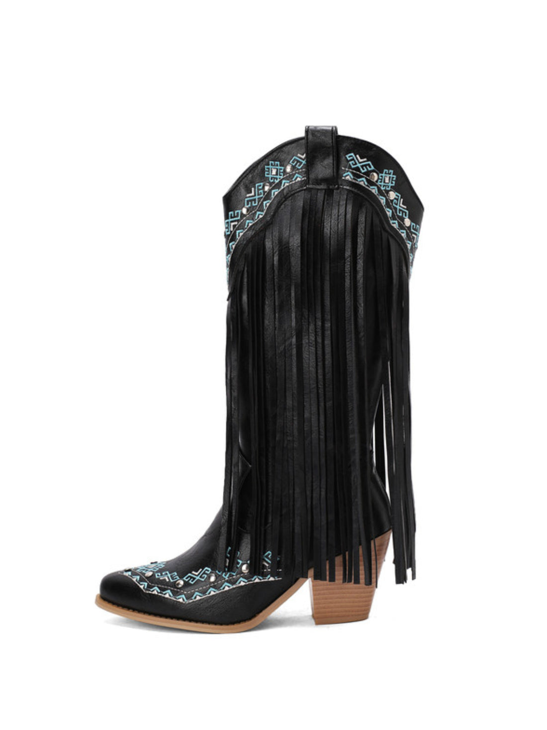 Women's Trimmed Fringe Studded Heeled Black Western Boots