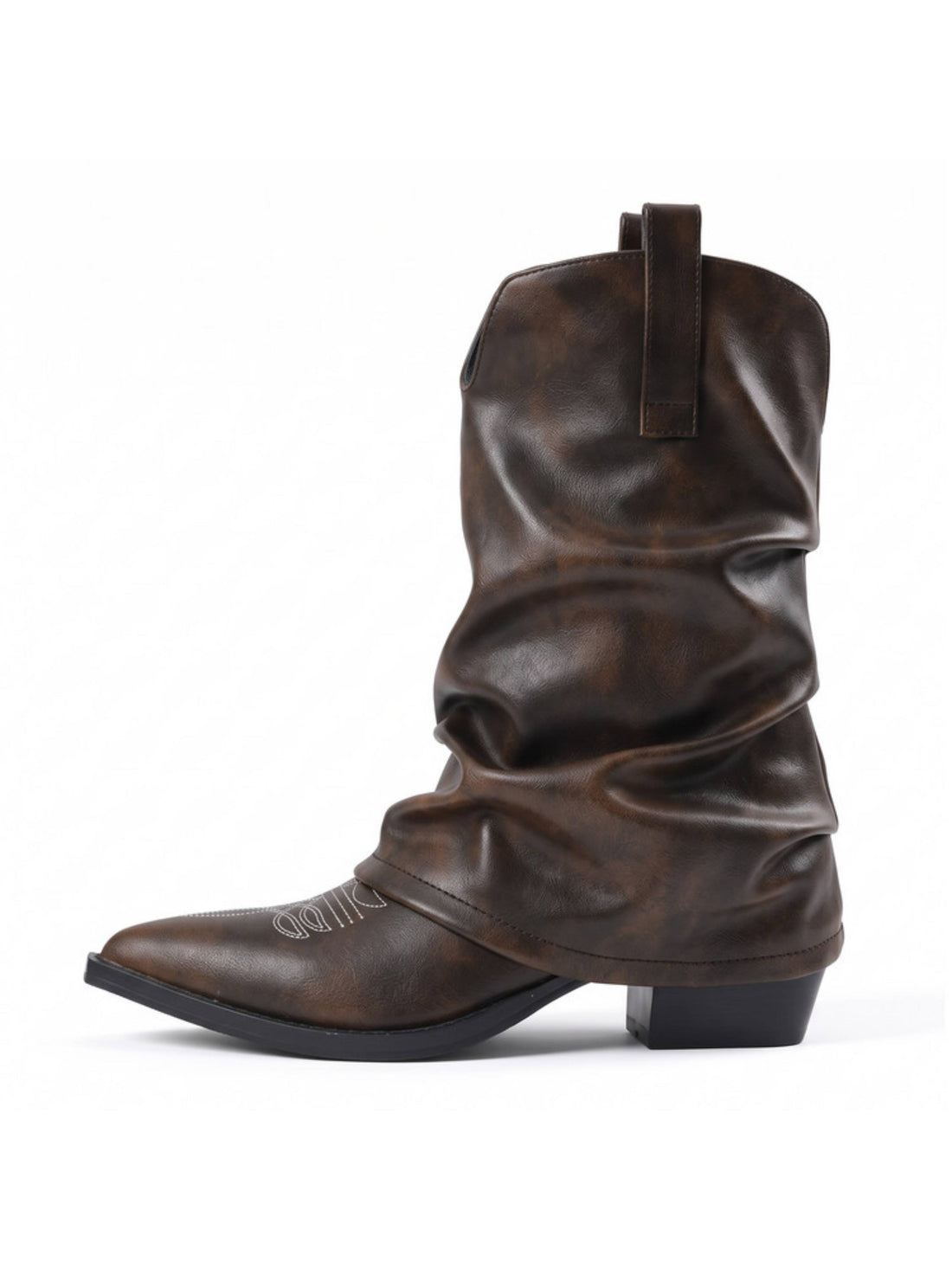 Women's Vintage Burnished Fold Over Brown Cowboy Boots Mid Calf