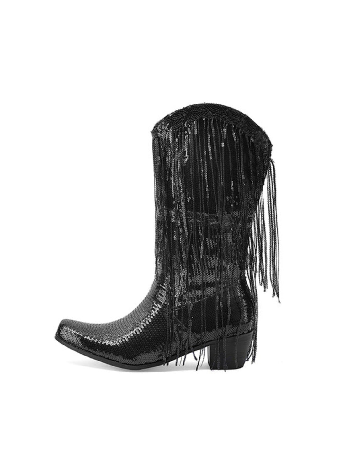 Women's Waving Fringe Snip Toe Black Western Boots