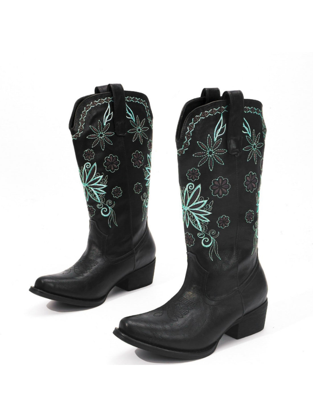 Western Snip Toe Floral Embroidered Black Cowgirl Boots