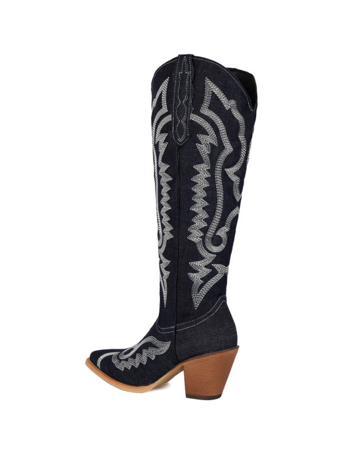 Y2K Embroidered Denim Drak Blue Knee High Cowboy Boots