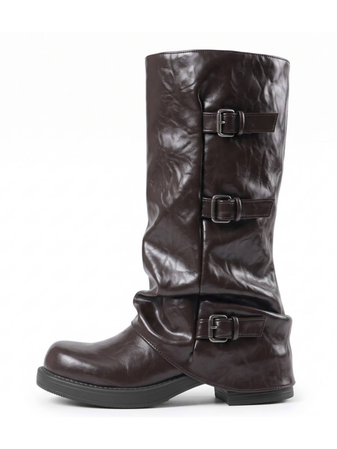 Y2K Fashion Dark Brown Triple Buckle Strap Slouchy Motorcycle Boots