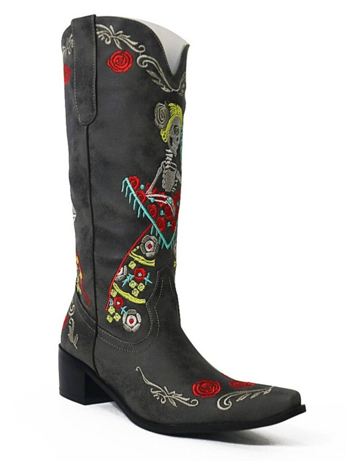 Multicolor Skeleton Embroidered Black Distressed Cowgirl Boots